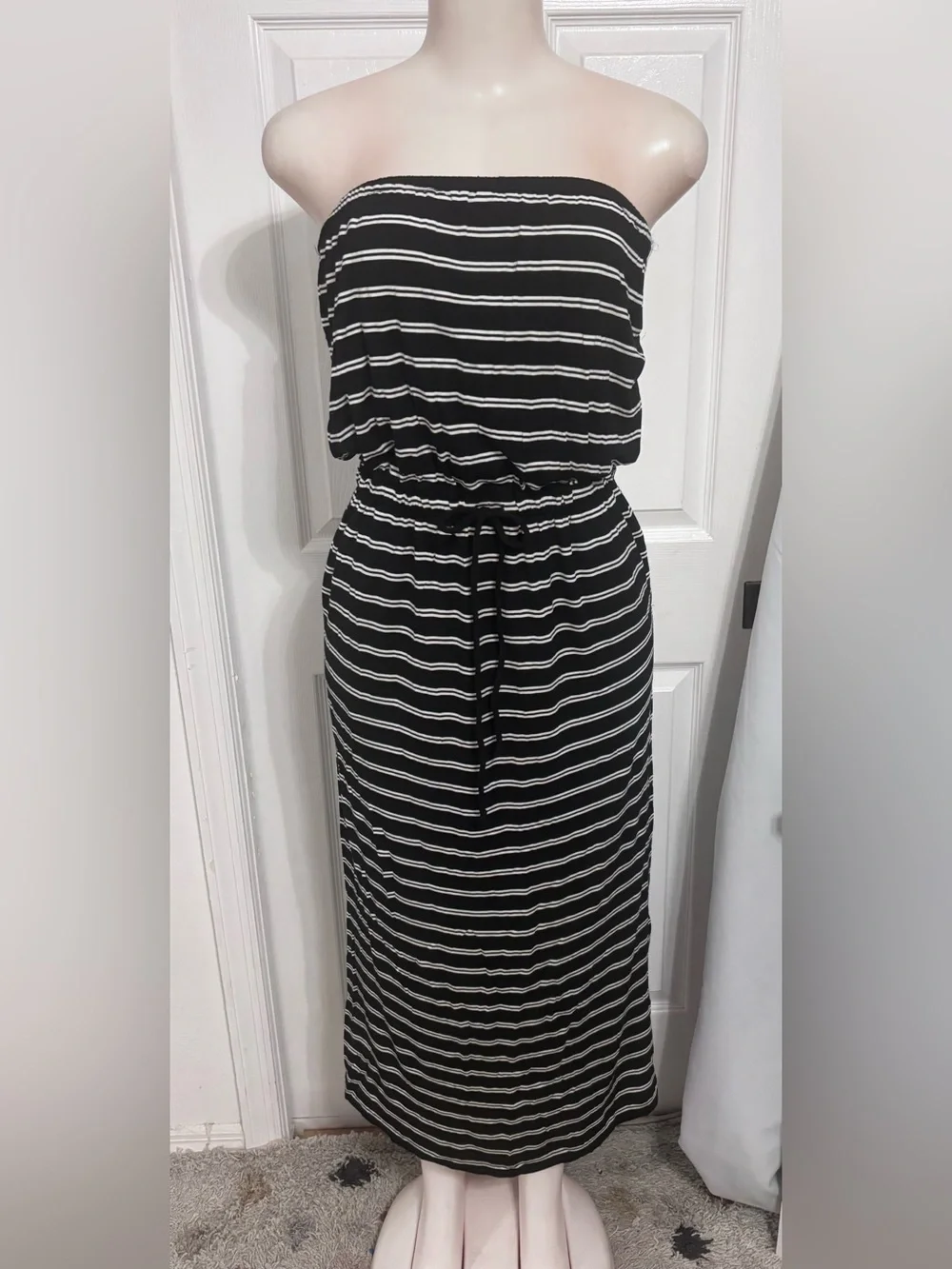 J. Crew Navy and White Strapless Maxi Dress with Slim Tan Belt
